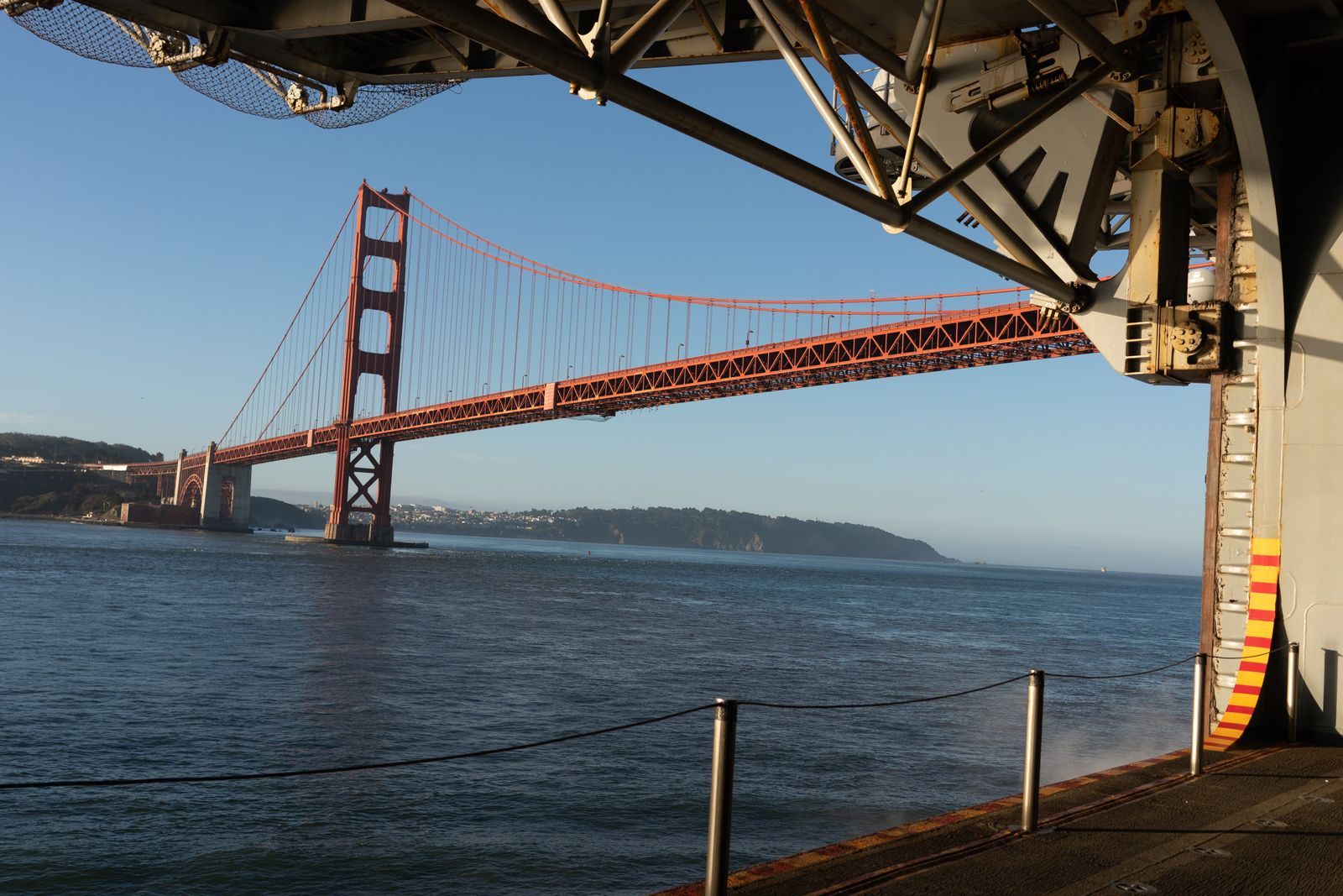 Golden Gate Bridge seen from the deck of a ship entering San Francisco Bay, a port of call on Pacific Coastal cruises